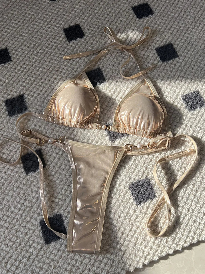 PU Faux Leather Halter Thong Bikini Set – Sexy Mini Two-Piece Swimwear for Women