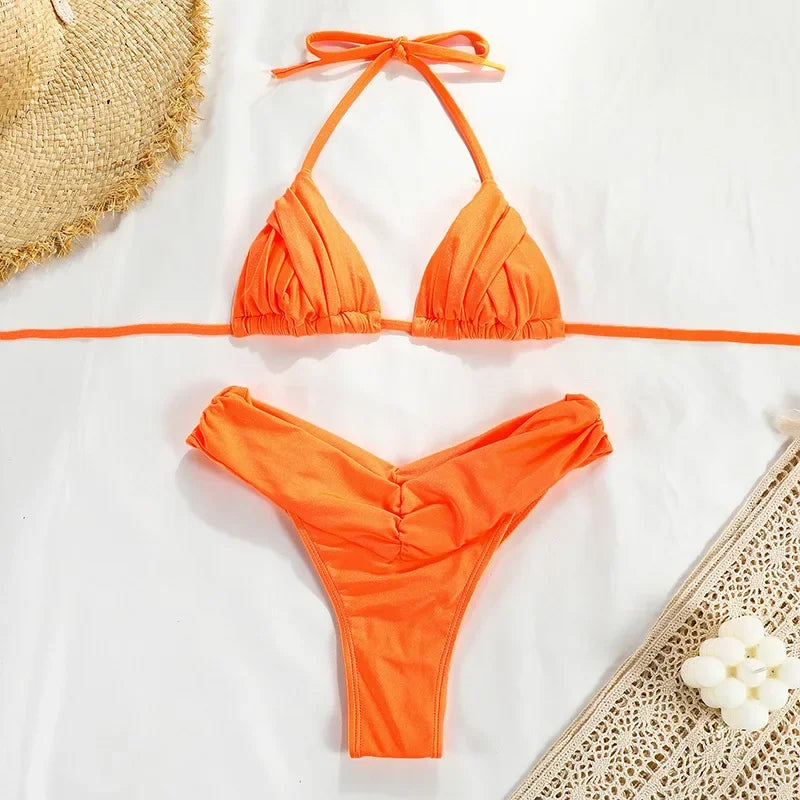 2025 Sexy Bandage Bikini Set – Solid Color High-Cut Swimsuit for Women