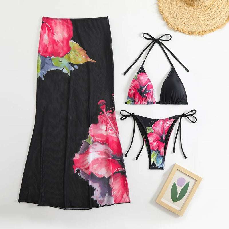 2025 Floral 3-Piece High Waist Bikini Set with Long Skirt – Beachwear for Women