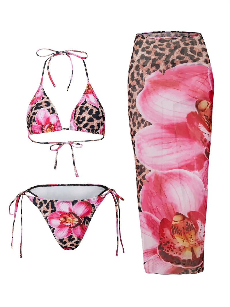 2025 Floral 3-Piece High Waist Bikini Set with Long Skirt – Beachwear for Women