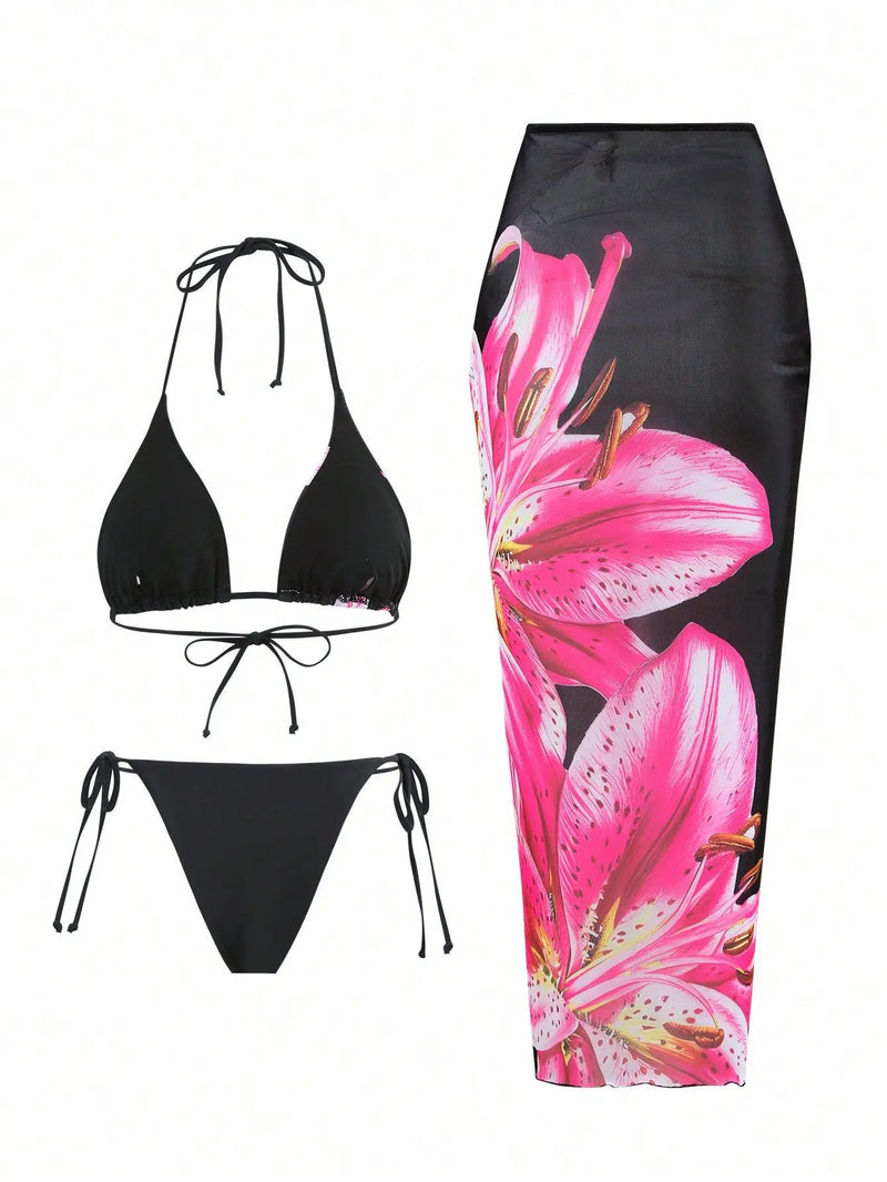 2025 Floral 3-Piece High Waist Bikini Set with Long Skirt – Beachwear for Women